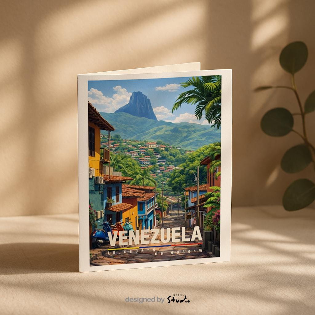 Farbenfrohe Illustration einer venezolanischen Stadt mit hügeliger Landschaft, tropischer Vegetation und dicht aneinandergereihten Häusern. Schmale Straßen führen durch die lebendige Umgebung, während grüne Berge im Hintergrund für Tiefe sorgen. Die warme Farbpalette vermittelt südamerikanisches Lebensgefühl, Naturverbundenheit und eine authentische urbane Reiseszene.