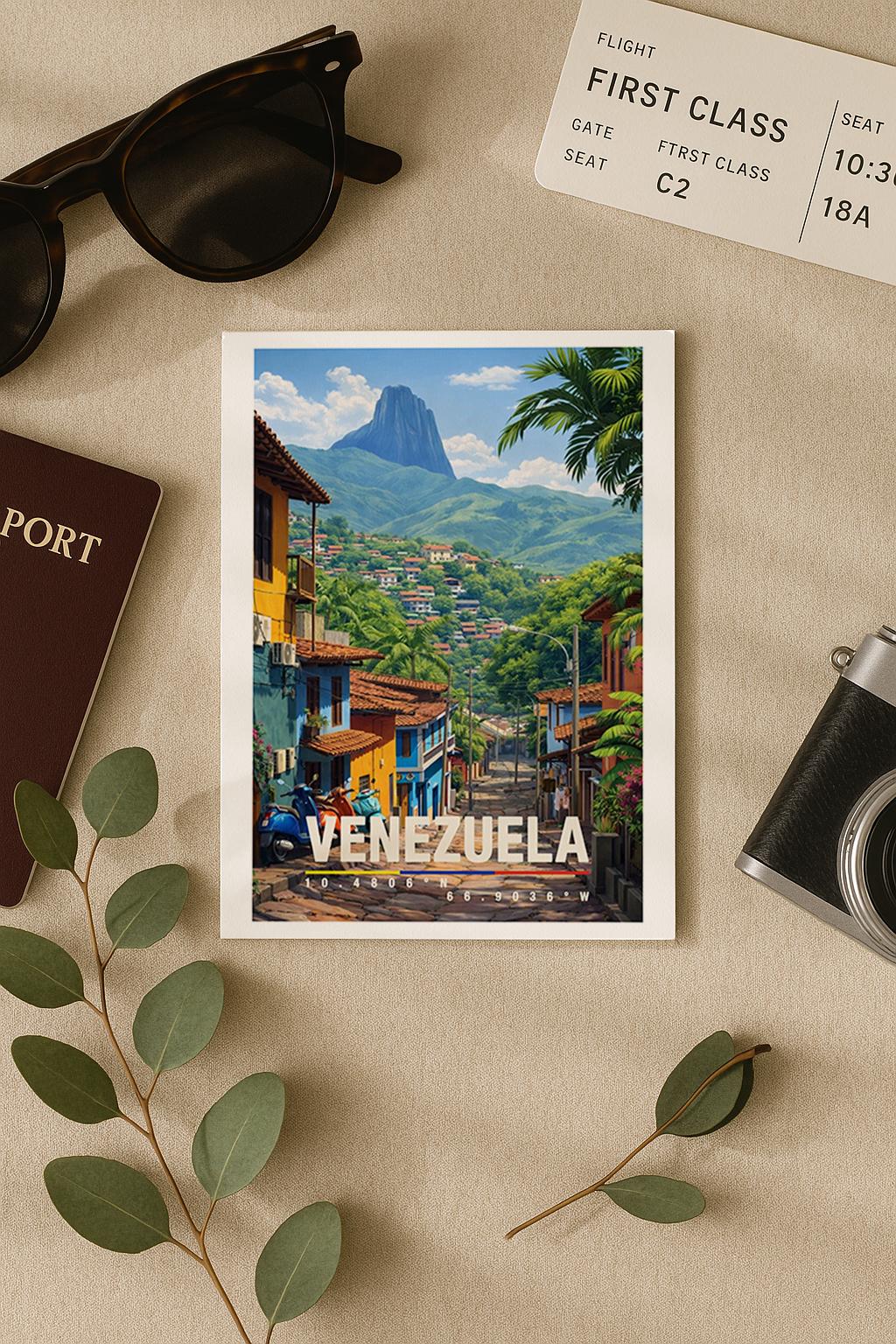 Farbenfrohe Illustration einer venezolanischen Stadt mit hügeliger Landschaft, tropischer Vegetation und dicht aneinandergereihten Häusern. Schmale Straßen führen durch die lebendige Umgebung, während grüne Berge im Hintergrund für Tiefe sorgen. Die warme Farbpalette vermittelt südamerikanisches Lebensgefühl, Naturverbundenheit und eine authentische urbane Reiseszene.
