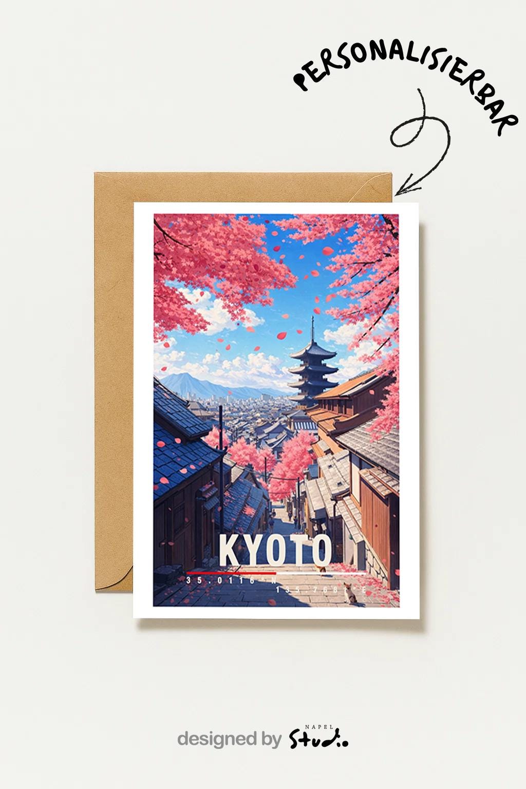 Detaillierte Illustration von Kyoto mit traditioneller Pagode, japanischen Holzhäusern und blühenden Kirschbäumen. Zarte Blütenblätter schweben durch die Luft und rahmen den Blick auf die Stadt ein. Die harmonische Komposition verbindet Natur, Architektur und Kultur und vermittelt Ruhe, Tradition und die zeitlose Schönheit des japanischen Frühlings.