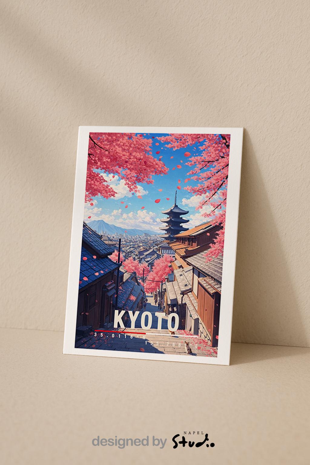 Detaillierte Illustration von Kyoto mit traditioneller Pagode, japanischen Holzhäusern und blühenden Kirschbäumen. Zarte Blütenblätter schweben durch die Luft und rahmen den Blick auf die Stadt ein. Die harmonische Komposition verbindet Natur, Architektur und Kultur und vermittelt Ruhe, Tradition und die zeitlose Schönheit des japanischen Frühlings.