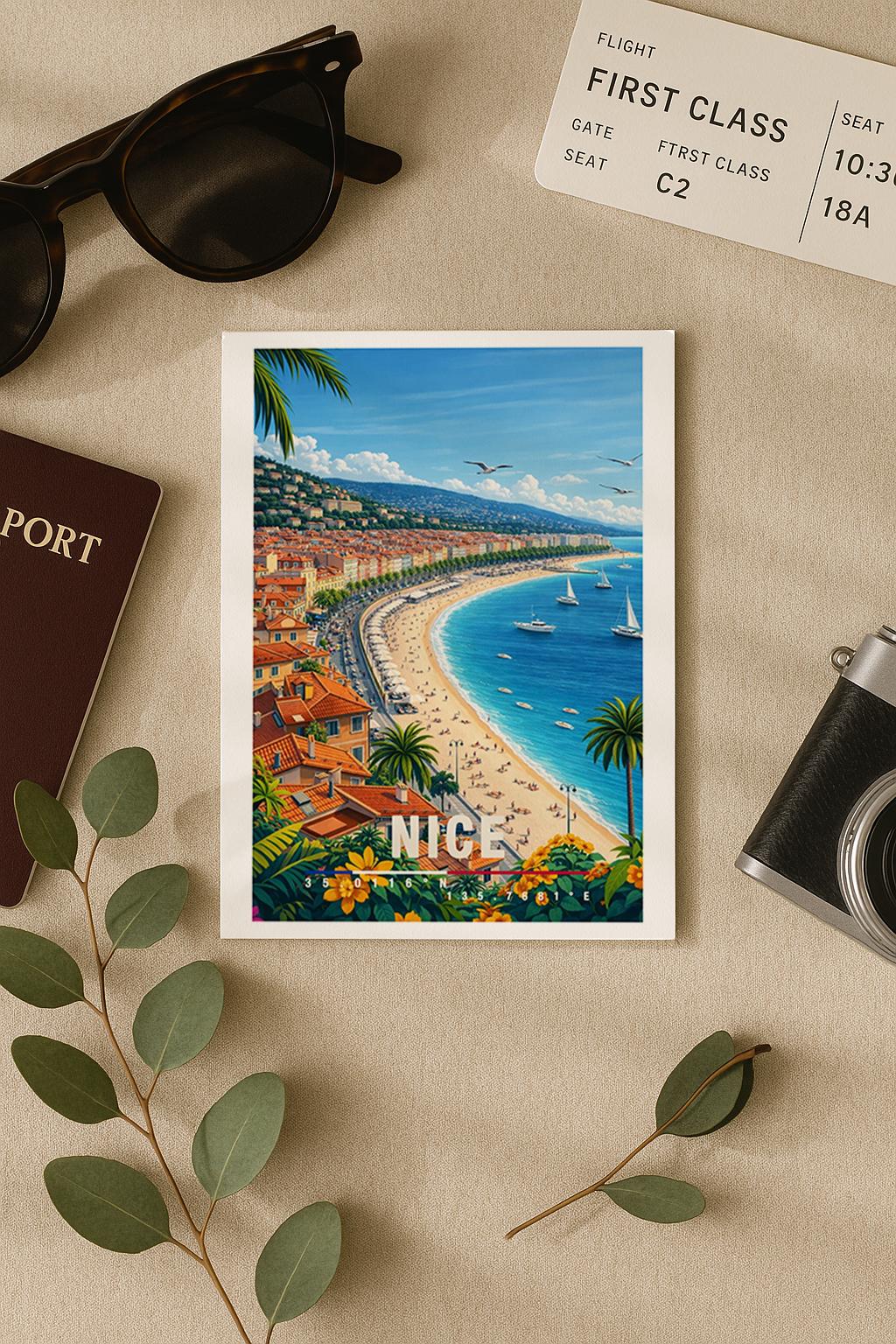 Illustration von Nizza mit geschwungener Strandpromenade, türkisblauem Meer und mediterranen Häusern entlang der Küste. Palmen, Sonnenschirme und Badegäste verleihen der Szene sommerliche Leichtigkeit. Die helle Farbpalette und der Blick auf die Côte d’Azur vermitteln Urlaubsgefühl, Eleganz und das entspannte Lebensgefühl Südfrankreichs.