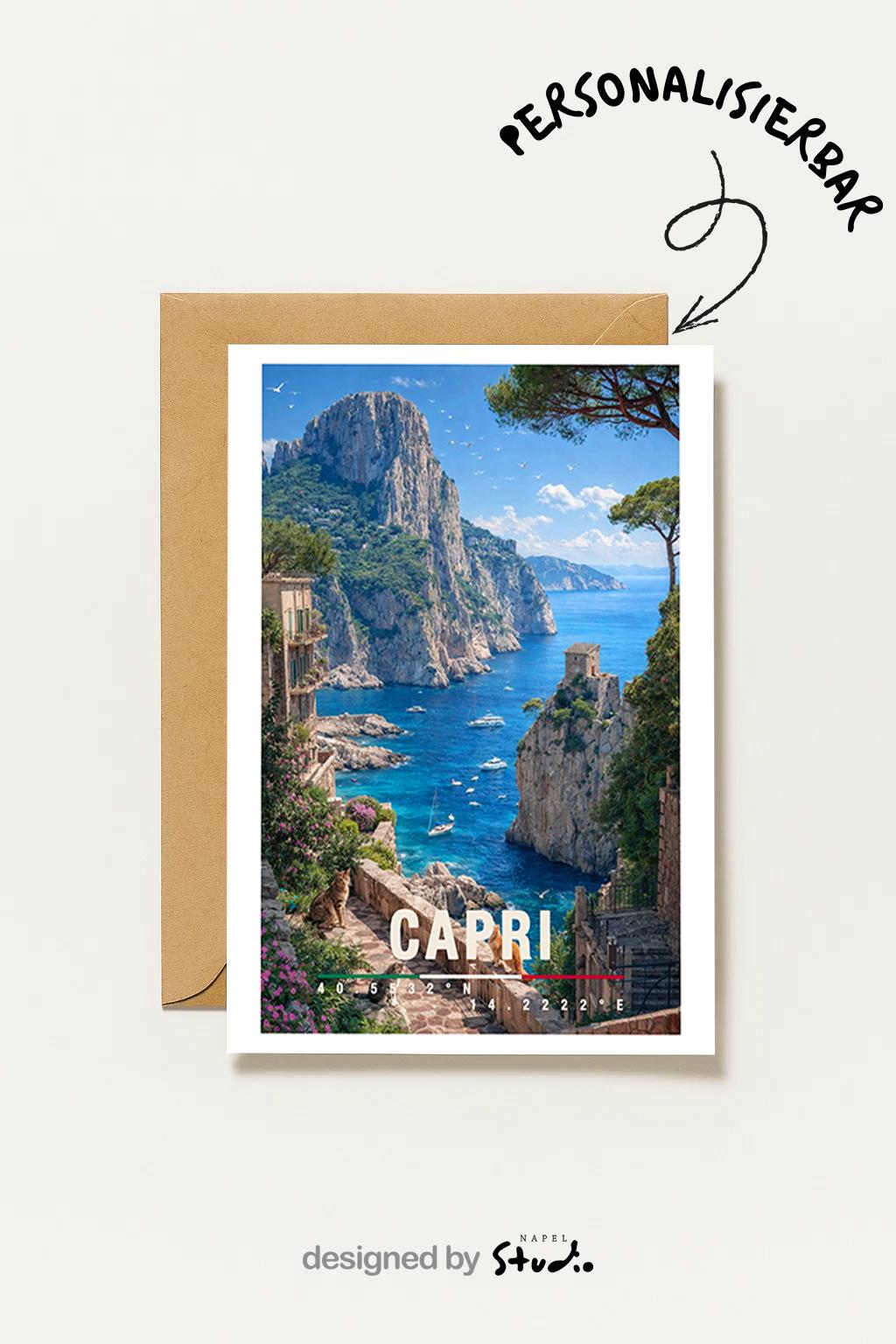 Mediterrane Illustration von Capri mit steilen Felsklippen, türkisfarbenem Meer und eleganter Küstenarchitektur. Kleine Boote treiben im Wasser, während üppige Vegetation die Szenerie umrahmt. Die Komposition vermittelt italienischen Luxus, natürliche Schönheit und das exklusive Inselgefühl des Mittelmeers bei sonnigem Wetter.