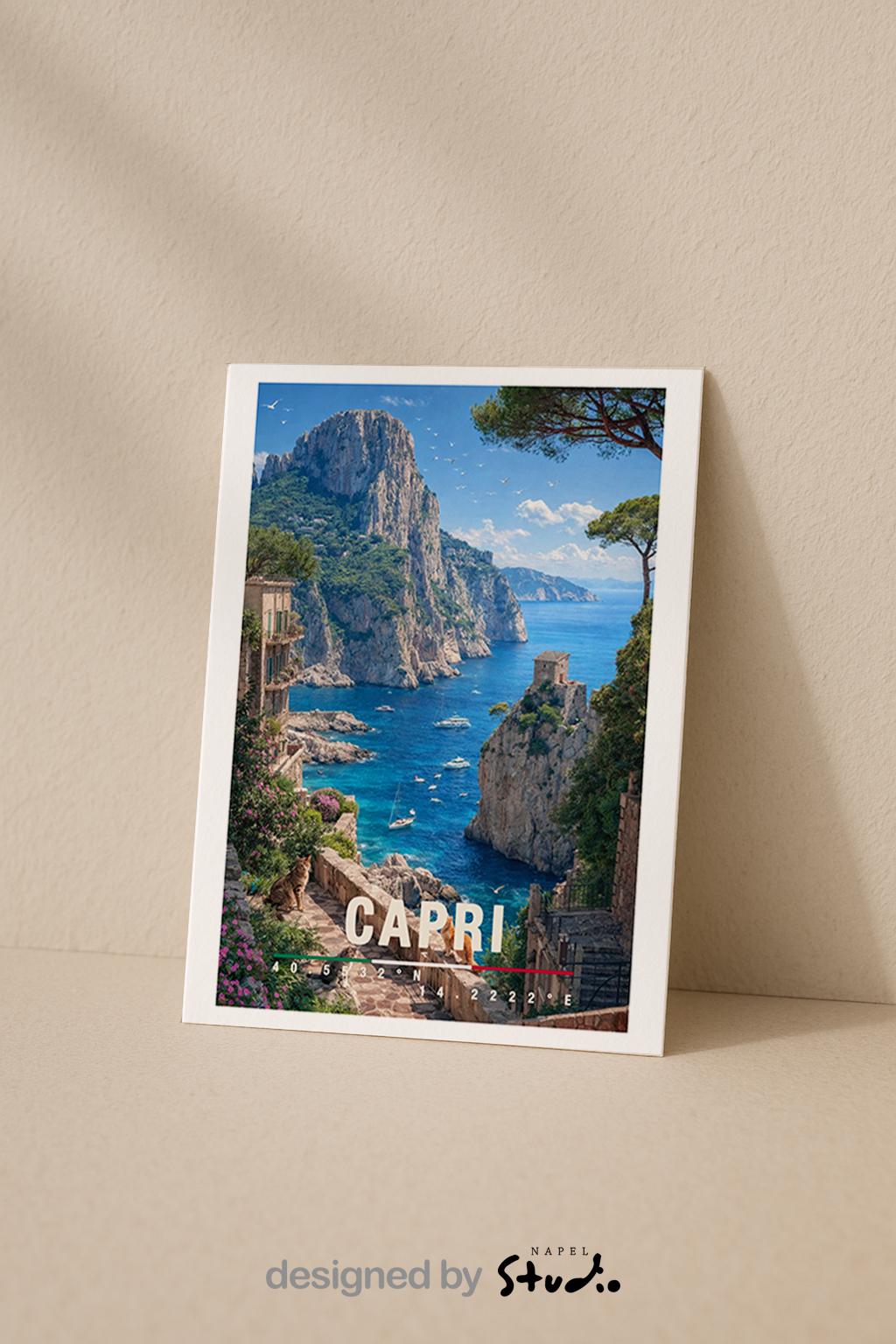 Mediterrane Illustration von Capri mit steilen Felsklippen, türkisfarbenem Meer und eleganter Küstenarchitektur. Kleine Boote treiben im Wasser, während üppige Vegetation die Szenerie umrahmt. Die Komposition vermittelt italienischen Luxus, natürliche Schönheit und das exklusive Inselgefühl des Mittelmeers bei sonnigem Wetter.