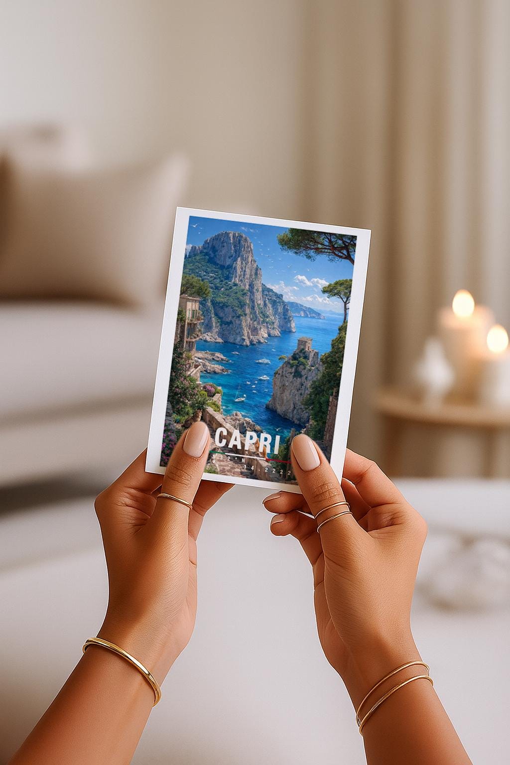 Mediterrane Illustration von Capri mit steilen Felsklippen, türkisfarbenem Meer und eleganter Küstenarchitektur. Kleine Boote treiben im Wasser, während üppige Vegetation die Szenerie umrahmt. Die Komposition vermittelt italienischen Luxus, natürliche Schönheit und das exklusive Inselgefühl des Mittelmeers bei sonnigem Wetter.
