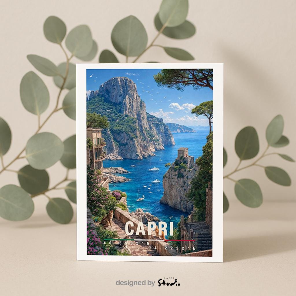 Mediterrane Illustration von Capri mit steilen Felsklippen, türkisfarbenem Meer und eleganter Küstenarchitektur. Kleine Boote treiben im Wasser, während üppige Vegetation die Szenerie umrahmt. Die Komposition vermittelt italienischen Luxus, natürliche Schönheit und das exklusive Inselgefühl des Mittelmeers bei sonnigem Wetter.
