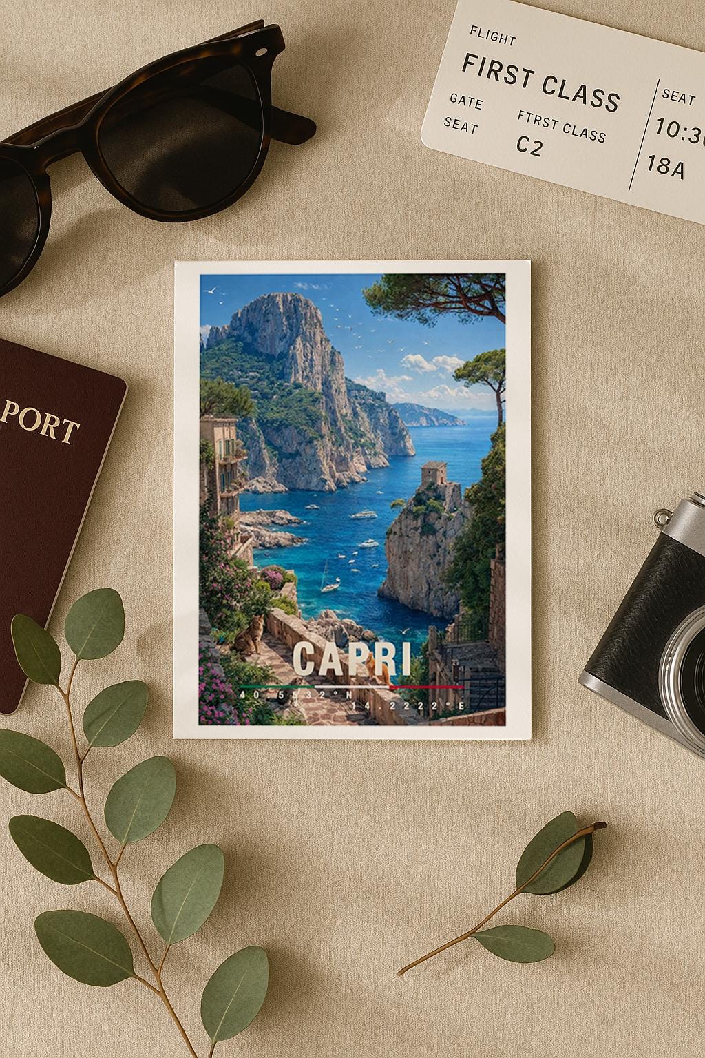 Mediterrane Illustration von Capri mit steilen Felsklippen, türkisfarbenem Meer und eleganter Küstenarchitektur. Kleine Boote treiben im Wasser, während üppige Vegetation die Szenerie umrahmt. Die Komposition vermittelt italienischen Luxus, natürliche Schönheit und das exklusive Inselgefühl des Mittelmeers bei sonnigem Wetter.