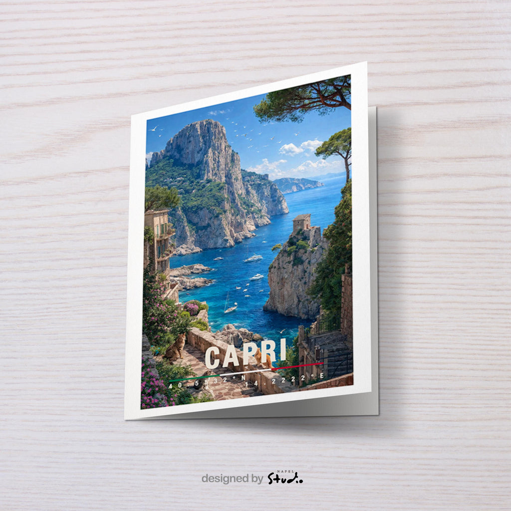 Mediterrane Illustration von Capri mit steilen Felsklippen, türkisfarbenem Meer und eleganter Küstenarchitektur. Kleine Boote treiben im Wasser, während üppige Vegetation die Szenerie umrahmt. Die Komposition vermittelt italienischen Luxus, natürliche Schönheit und das exklusive Inselgefühl des Mittelmeers bei sonnigem Wetter.