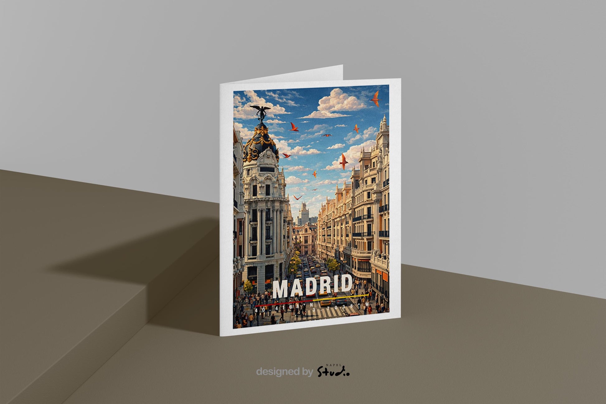 Illustration von Madrid mit beeindruckender historischer Architektur, breiter Straße und lebendigem Stadtverkehr. Klassische Fassaden, moderne Elemente und fliegende Vögel im Himmel erzeugen Dynamik. Die Szene spiegelt das urbane Herz Spaniens wider und verbindet Tradition, Großstadtflair und kulturelle Vielfalt in einer harmonischen Stadtansicht.