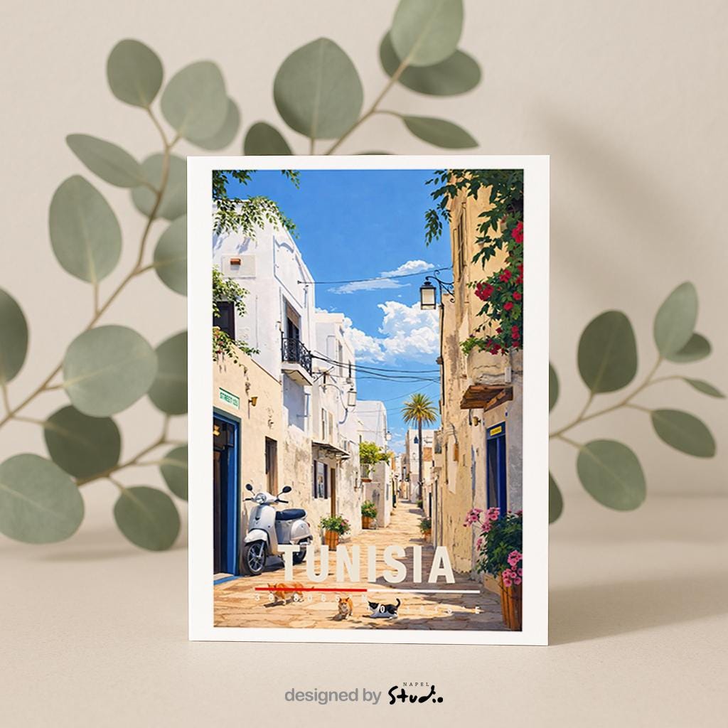 Illustration einer tunesischen Altstadt mit weißen Häusern, schmaler Gasse und mediterranem Licht. Blühende Pflanzen, traditionelle Türen und warme Farben prägen die Szene. Die ruhige Atmosphäre vermittelt nordafrikanische Kultur, südliches Lebensgefühl und den zeitlosen Charme historischer Städte zwischen Mittelmeer und Wüste.
