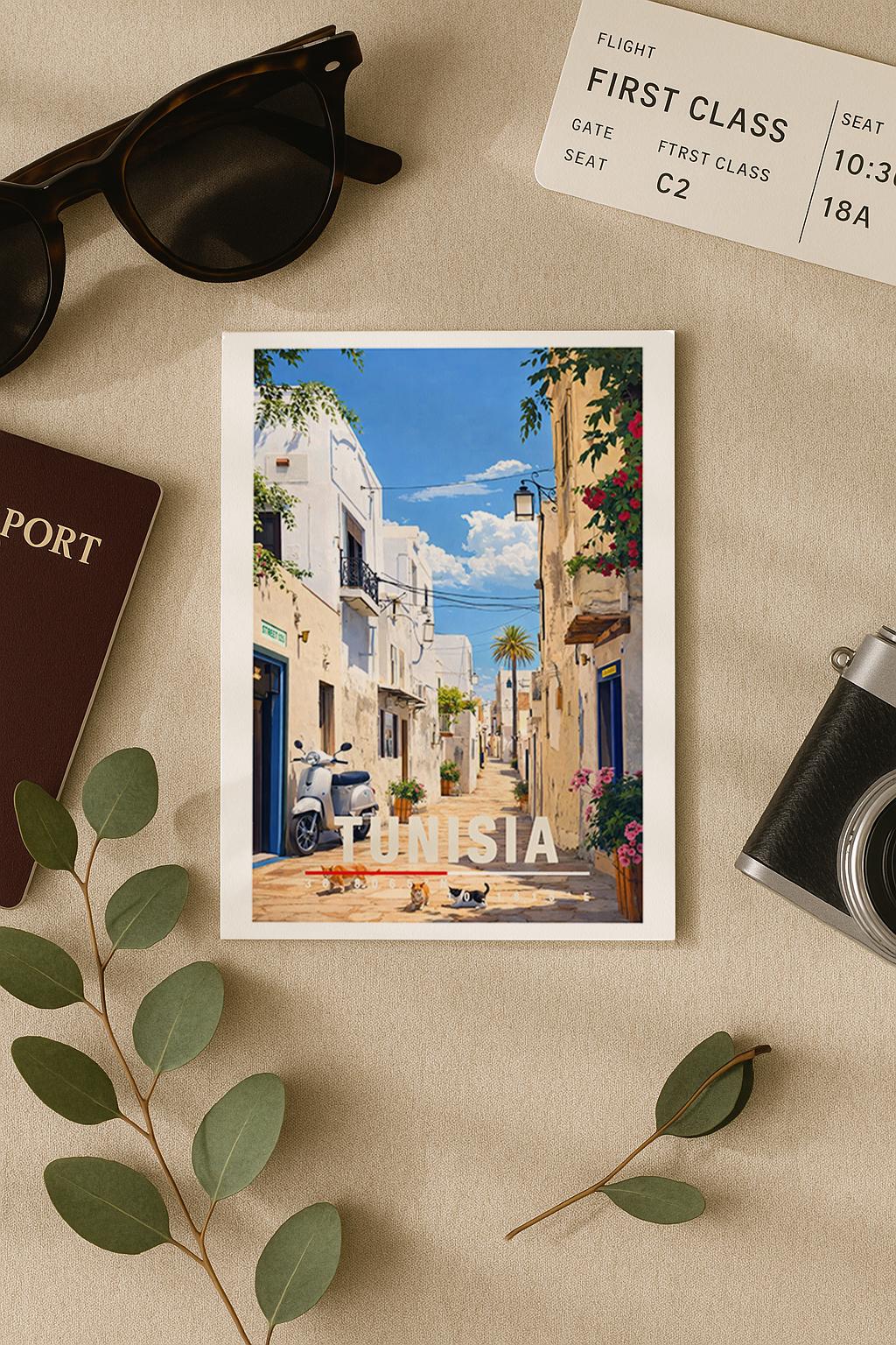 Illustration einer tunesischen Altstadt mit weißen Häusern, schmaler Gasse und mediterranem Licht. Blühende Pflanzen, traditionelle Türen und warme Farben prägen die Szene. Die ruhige Atmosphäre vermittelt nordafrikanische Kultur, südliches Lebensgefühl und den zeitlosen Charme historischer Städte zwischen Mittelmeer und Wüste.