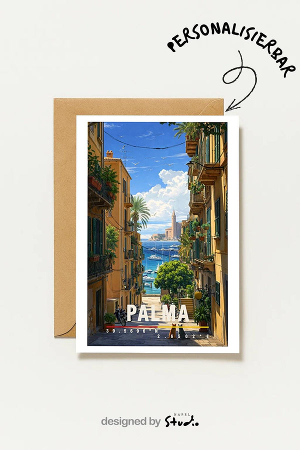 Palma Mit Altstadt Gasse & Meerblick Mallorca Reisekarte Mediterran Palma De Mallorca Travel