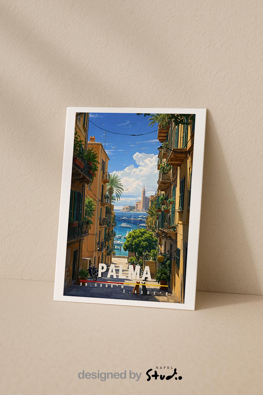 Mediterrane Illustration von Palma de Mallorca mit schmaler Altstadtgasse, Balkonen, Pflanzen und Blick auf das blaue Meer im Hintergrund. Motorräder, Boote und sonnendurchflutete Fassaden erzeugen echtes Insel-Flair. Die Szene vermittelt Sommer, Freiheit und das entspannte Lebensgefühl einer beliebten spanischen Mittelmeerinsel.