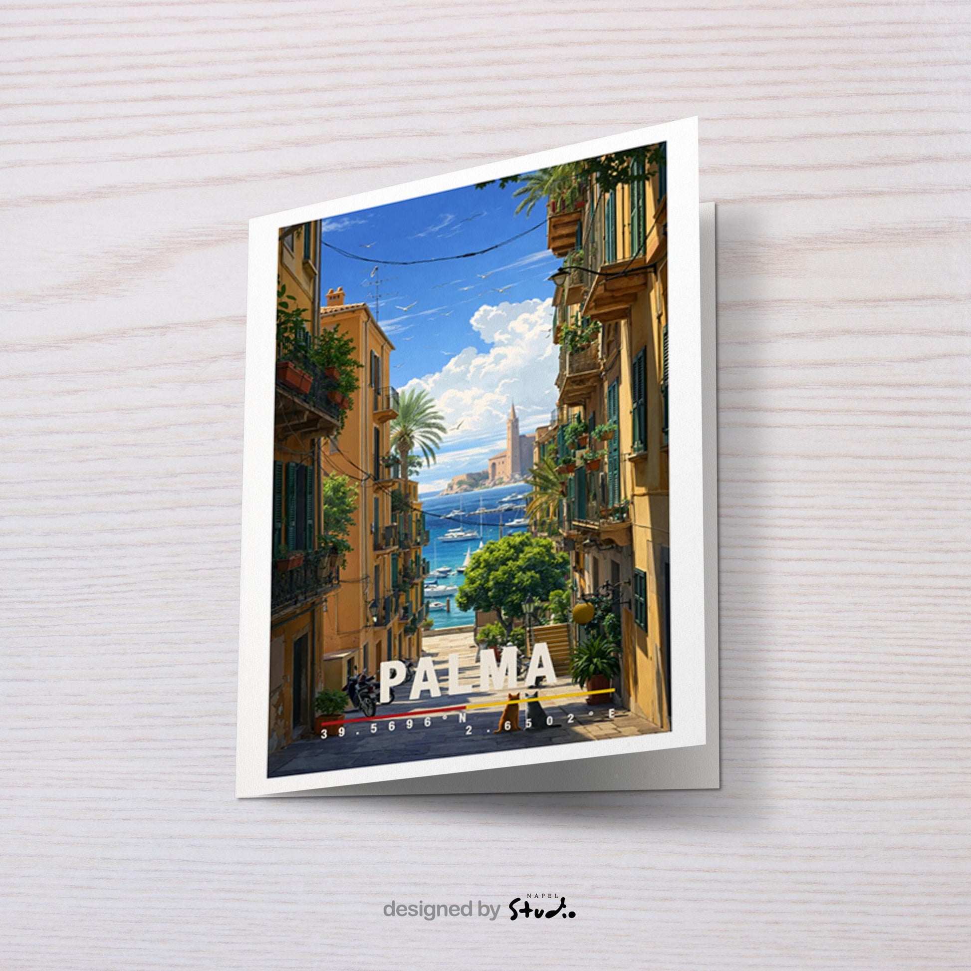 Mediterrane Illustration von Palma de Mallorca mit schmaler Altstadtgasse, Balkonen, Pflanzen und Blick auf das blaue Meer im Hintergrund. Motorräder, Boote und sonnendurchflutete Fassaden erzeugen echtes Insel-Flair. Die Szene vermittelt Sommer, Freiheit und das entspannte Lebensgefühl einer beliebten spanischen Mittelmeerinsel.