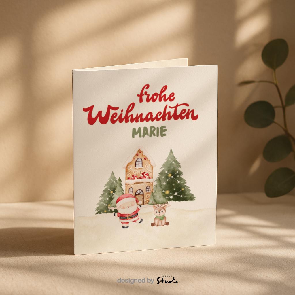 A6 Weihnachtskarte mit hellbeigem Hintergrund und roter Schrift „Frohe Weihnachten“. Darunter der personalisierte Name „Marie“. Unten steht ein gezeichneter Weihnachtsmann neben einem kleinen Reh vor einem Lebkuchenhaus und zwei geschmückten Tannenbäumen. Süße, warme Illustration für Kinder, Familie und personalisierte Weihnachtsgrüße.