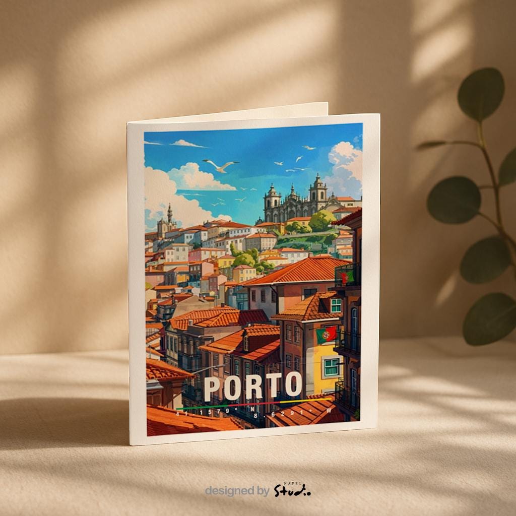Detaillierte Illustration von Porto mit dicht aneinandergereihten, farbenfrohen Häusern und typischen roten Ziegeldächern, die sich über die Hügel der Altstadt ziehen. Im Hintergrund erhebt sich eine historische Kirche über der Stadt. Die warme Lichtstimmung, mediterrane Architektur und das lebendige Stadtbild vermitteln portugiesisches Flair, kulturelle Tiefe und das romantische Reisegefühl einer traditionsreichen Küstenstadt.