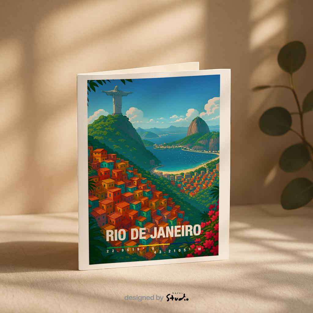 A6 Grußkarte mit bunter Illustration von Rio de Janeiro. Im Vordergrund leuchtende Favela-Häuser in Orange, Rot und Türkis, im Hintergrund die Christusstatue auf dem Berg, das Meer und die grünen Hügel. Unten steht „Rio de Janeiro“ mit Koordinaten. Farbenfrohe Reisekarte für Brasilien-Fans.