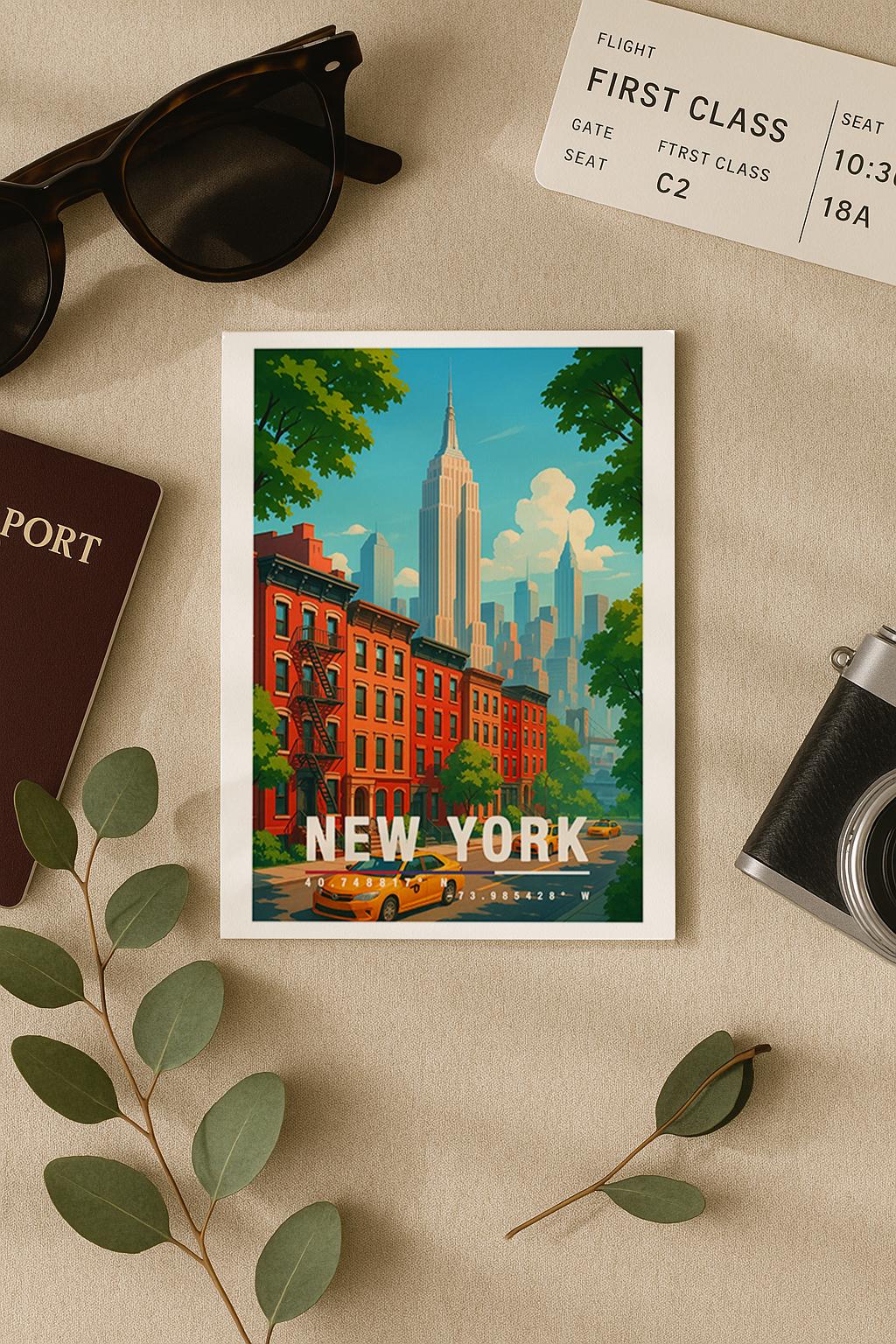 A6-Grußkarte mit New-York-Motiv: Rote Brownstone-Häuser, gelbe Taxis, grüne Bäume und die Skyline mit Empire State Building im Hintergrund. Moderne, farbenfrohe Illustration im Travel-Poster-Look, ideal als Reisekarte oder Geschenk.