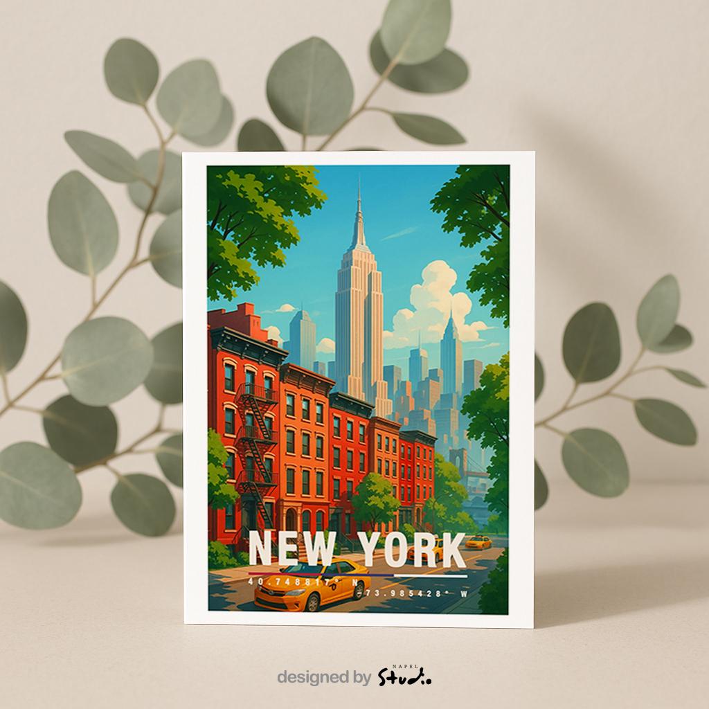 A6-Grußkarte mit New-York-Motiv: Rote Brownstone-Häuser, gelbe Taxis, grüne Bäume und die Skyline mit Empire State Building im Hintergrund. Moderne, farbenfrohe Illustration im Travel-Poster-Look, ideal als Reisekarte oder Geschenk.