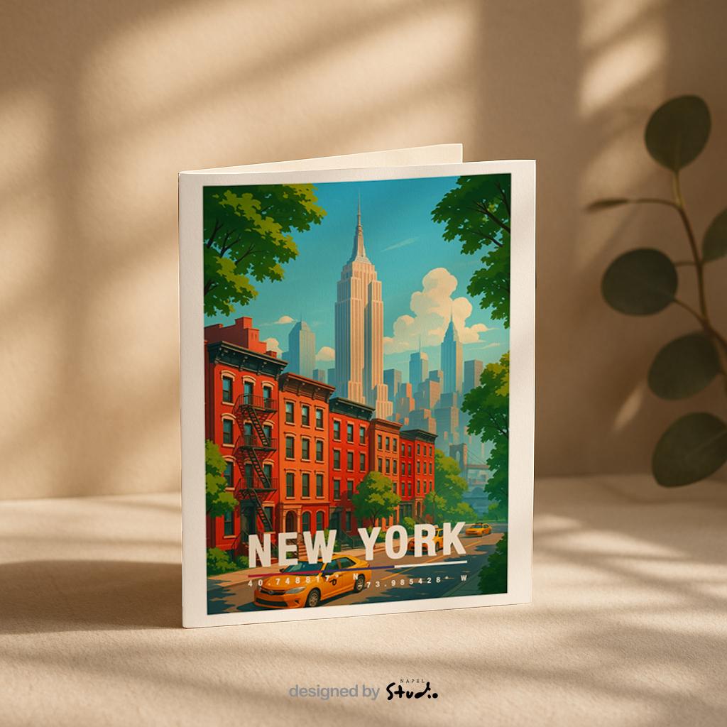 A6-Grußkarte mit New-York-Motiv: Rote Brownstone-Häuser, gelbe Taxis, grüne Bäume und die Skyline mit Empire State Building im Hintergrund. Moderne, farbenfrohe Illustration im Travel-Poster-Look, ideal als Reisekarte oder Geschenk.