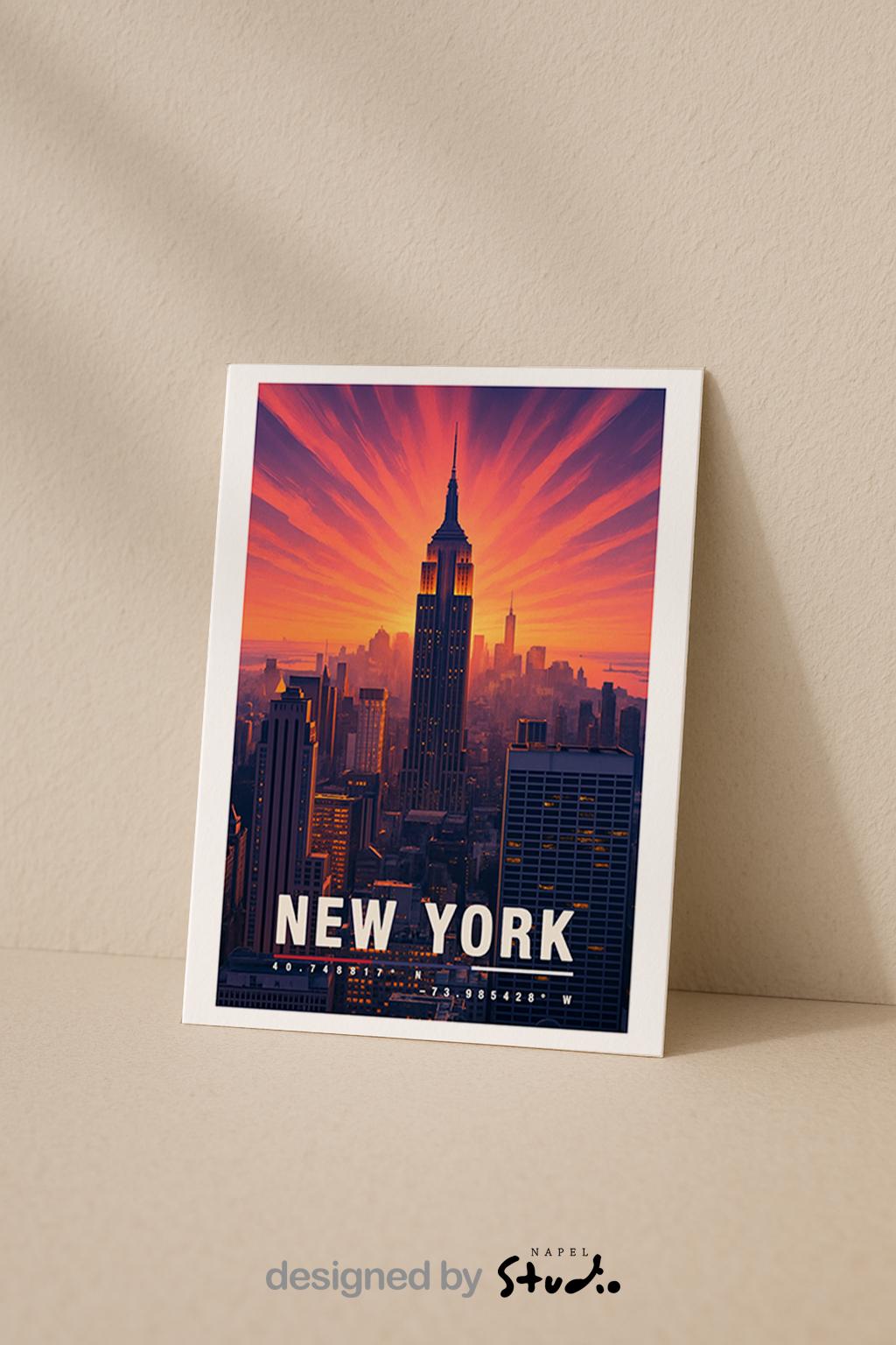 A6-Grußkarte mit New-York-Sonnenuntergang: Das Empire State Building steht im Zentrum, umgeben von orange-rosa Strahlen am Himmel. Die Skyline erscheint in warmen Lichttönen, moderne Reiseillustration, urbaner Stil. Perfekt als Reisekarte oder Geschenk für New-York-Fans.