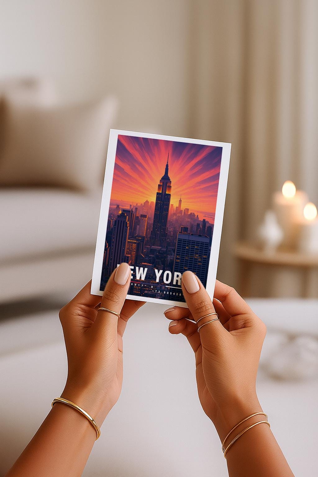 A6-Grußkarte mit New-York-Sonnenuntergang: Das Empire State Building steht im Zentrum, umgeben von orange-rosa Strahlen am Himmel. Die Skyline erscheint in warmen Lichttönen, moderne Reiseillustration, urbaner Stil. Perfekt als Reisekarte oder Geschenk für New-York-Fans.