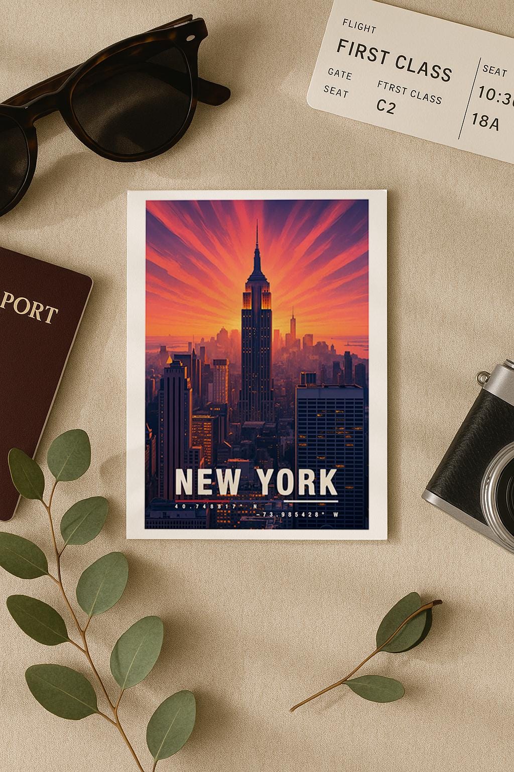 A6-Grußkarte mit New-York-Sonnenuntergang: Das Empire State Building steht im Zentrum, umgeben von orange-rosa Strahlen am Himmel. Die Skyline erscheint in warmen Lichttönen, moderne Reiseillustration, urbaner Stil. Perfekt als Reisekarte oder Geschenk für New-York-Fans.