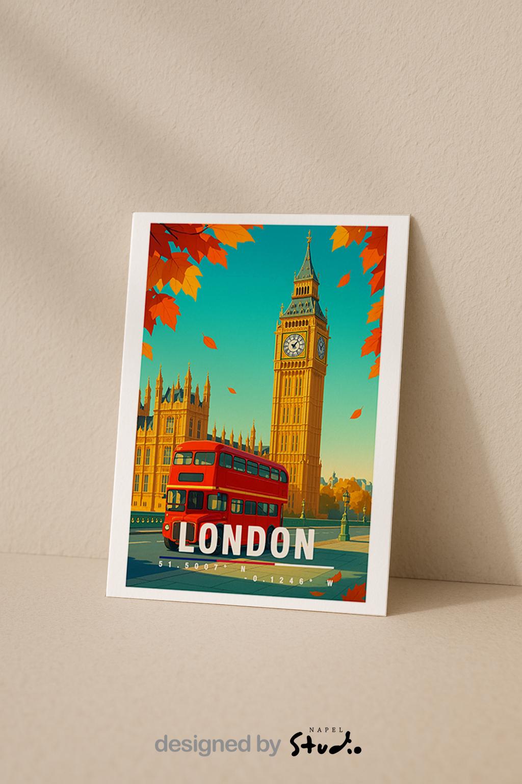 A6-Grußkarte mit herbstlicher London-Szene: Big Ben im Hintergrund, ein klassischer roter Doppeldeckerbus im Vordergrund, orange Herbstblätter fallen im Bild. Warme Farben, Travel-Illustrationsstil, ideal für London-Fans und Reisende.