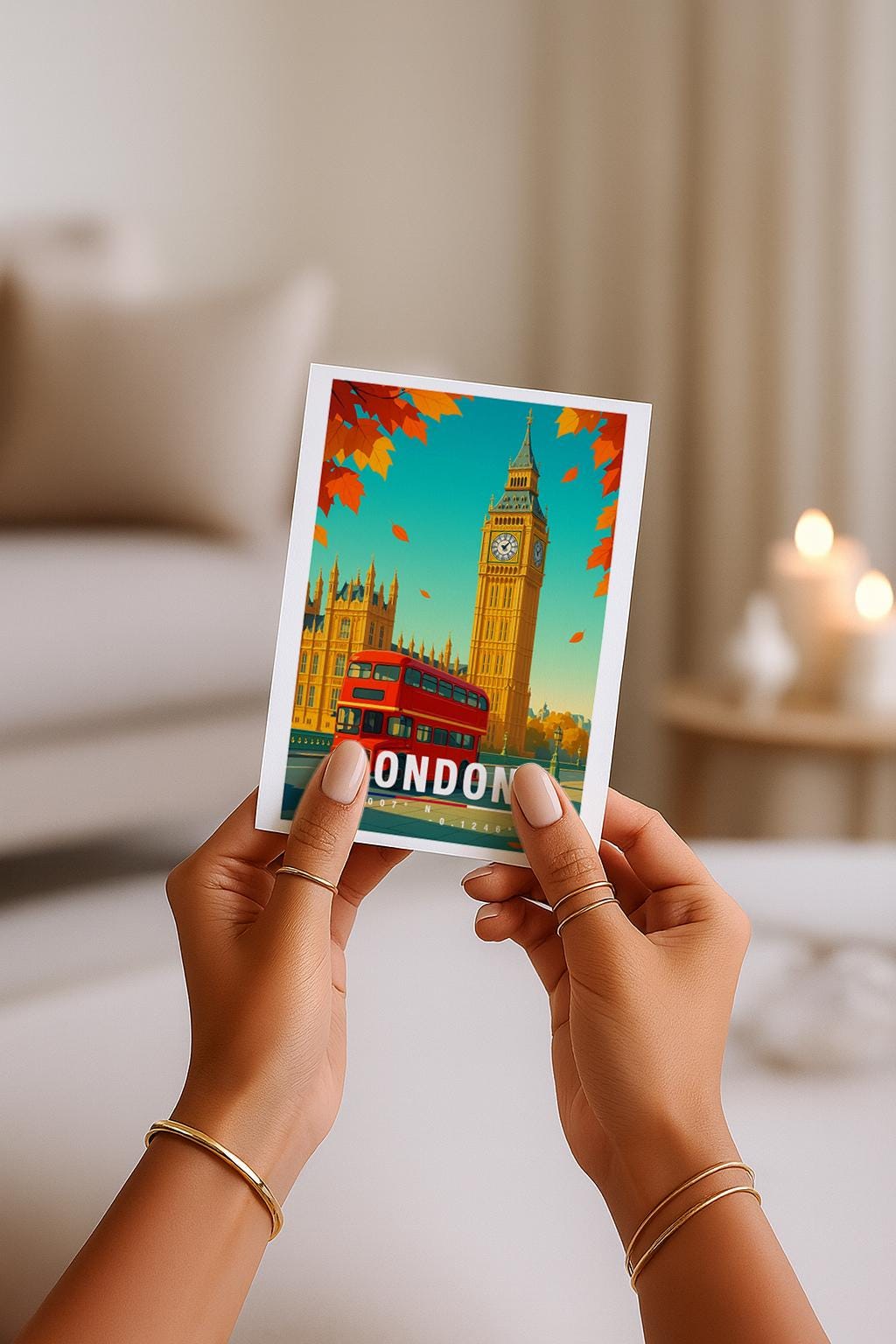 A6-Grußkarte mit herbstlicher London-Szene: Big Ben im Hintergrund, ein klassischer roter Doppeldeckerbus im Vordergrund, orange Herbstblätter fallen im Bild. Warme Farben, Travel-Illustrationsstil, ideal für London-Fans und Reisende.
