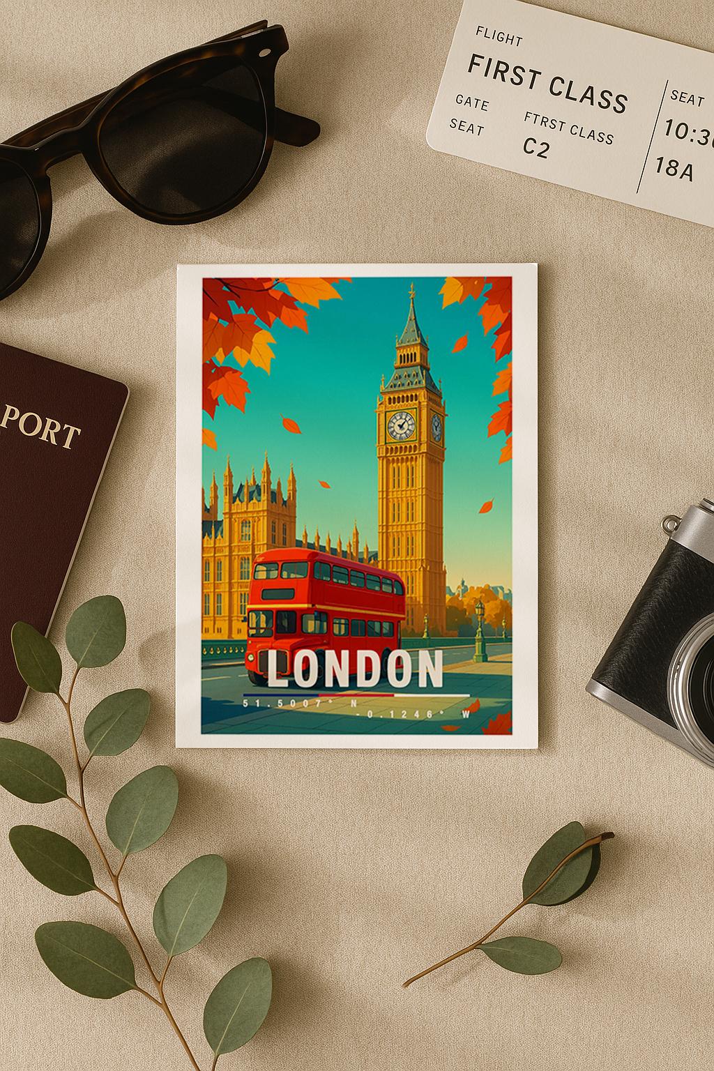 A6-Grußkarte mit herbstlicher London-Szene: Big Ben im Hintergrund, ein klassischer roter Doppeldeckerbus im Vordergrund, orange Herbstblätter fallen im Bild. Warme Farben, Travel-Illustrationsstil, ideal für London-Fans und Reisende.