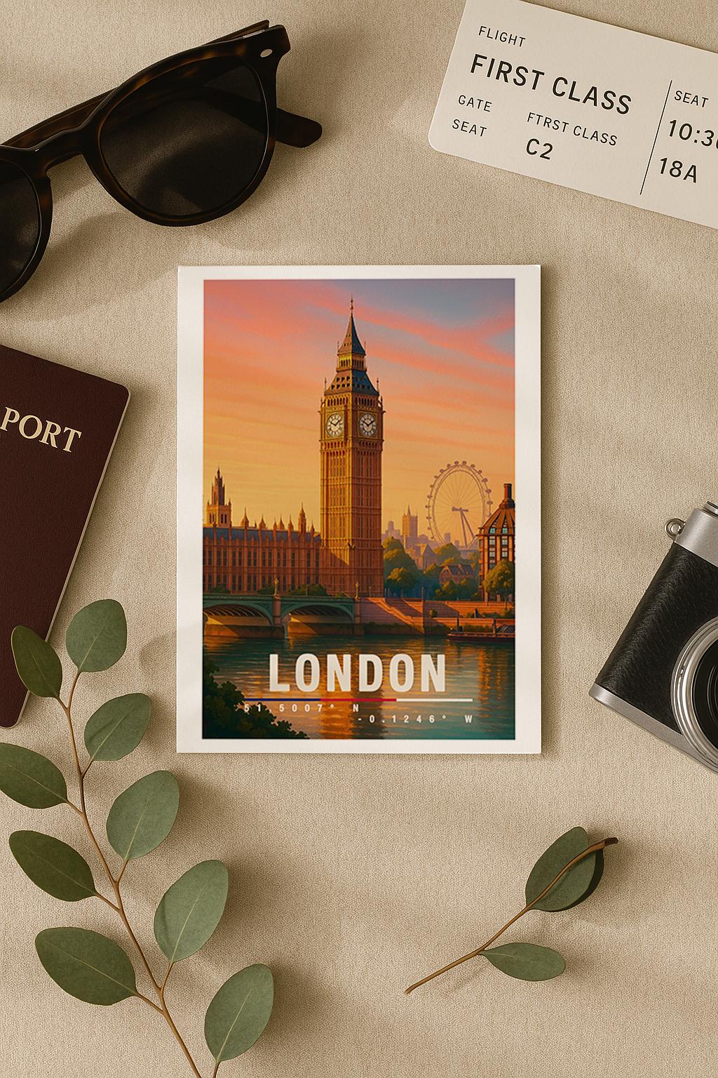 A6-Grußkarte mit London-Szene: Big Ben und London Eye im warmen Licht eines Sonnenuntergangs. Die Gebäude spiegeln sich im Wasser, Bäume und Skyline im Hintergrund. Moderne Travel-Illustration, perfekt als Grußkarte für London-Liebhaber.