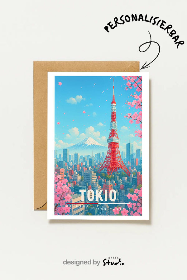 Postkarte Tokio Japan Sakura Tokyo Tower Illustration Reise Stadtmotiv Japan Travel