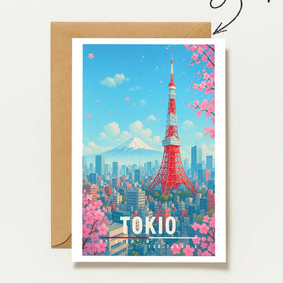 Postkarte Tokio Japan Sakura Tokyo Tower Illustration Reise Stadtmotiv Japan Travel
