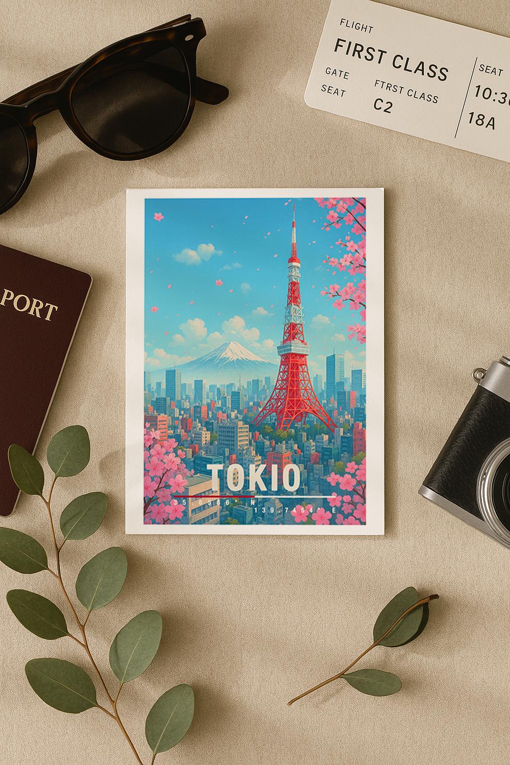 A6-Grußkarte mit Tokio-Illustration: Roter Tokyo Tower, Kirschblüten, Stadtlandschaft und Berg Fuji im Hintergrund. Leuchtender blauer Himmel, rosa Sakura, moderner Travel-Poster-Stil. Ideal als Grußkarte für Japan-Liebhaber.