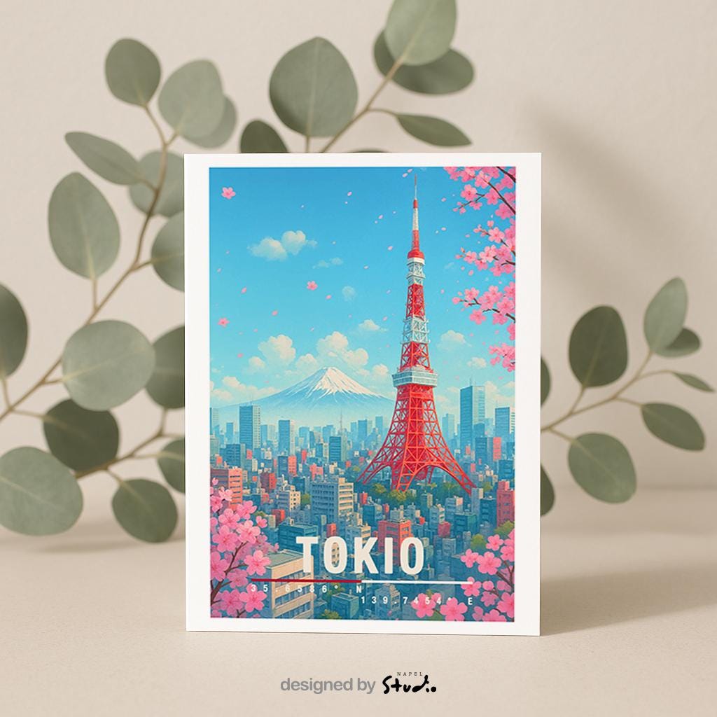 A6-Grußkarte mit Tokio-Illustration: Roter Tokyo Tower, Kirschblüten, Stadtlandschaft und Berg Fuji im Hintergrund. Leuchtender blauer Himmel, rosa Sakura, moderner Travel-Poster-Stil. Ideal als Grußkarte für Japan-Liebhaber.