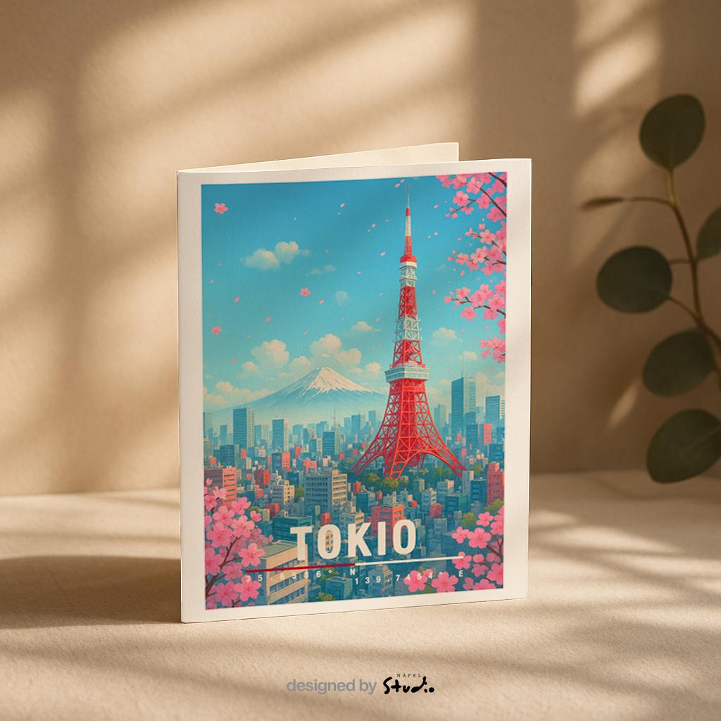 A6-Grußkarte mit Tokio-Illustration: Roter Tokyo Tower, Kirschblüten, Stadtlandschaft und Berg Fuji im Hintergrund. Leuchtender blauer Himmel, rosa Sakura, moderner Travel-Poster-Stil. Ideal als Grußkarte für Japan-Liebhaber.