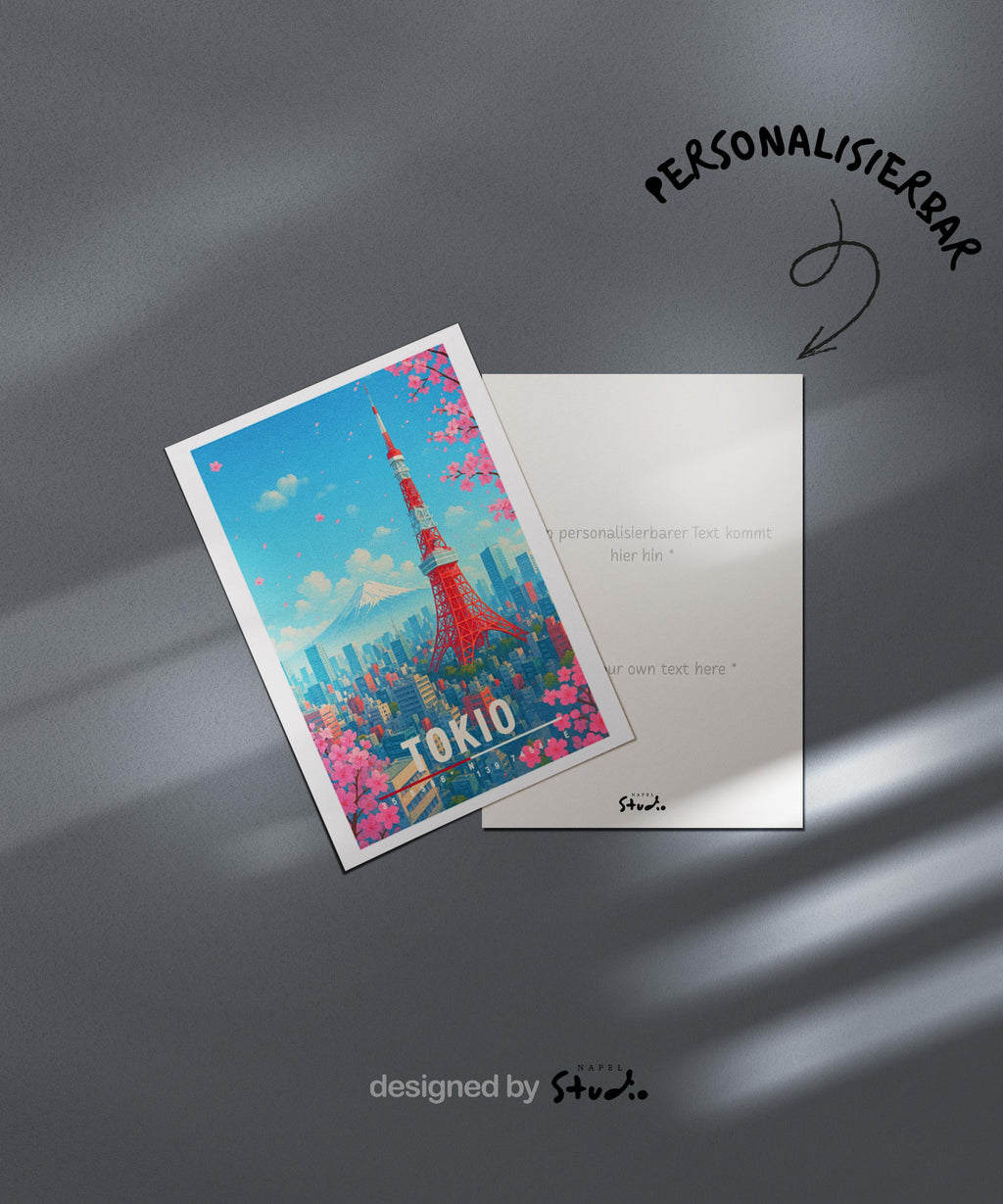 A6-Grußkarte mit Tokio-Illustration: Roter Tokyo Tower, Kirschblüten, Stadtlandschaft und Berg Fuji im Hintergrund. Leuchtender blauer Himmel, rosa Sakura, moderner Travel-Poster-Stil. Ideal als Grußkarte für Japan-Liebhaber.