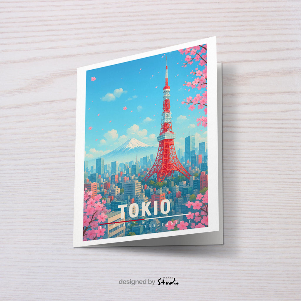 A6-Grußkarte mit Tokio-Illustration: Roter Tokyo Tower, Kirschblüten, Stadtlandschaft und Berg Fuji im Hintergrund. Leuchtender blauer Himmel, rosa Sakura, moderner Travel-Poster-Stil. Ideal als Grußkarte für Japan-Liebhaber.