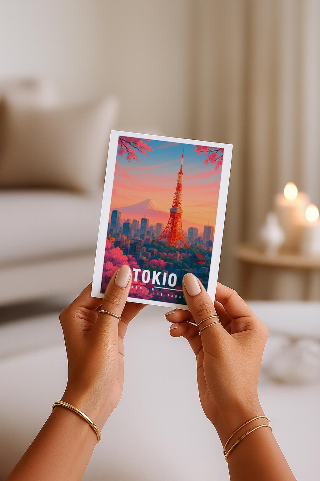 Illustration der Stadt Tokio mit dem roten Tokyo Tower im warmen Sonnenuntergang. Im Hintergrund ist der schneebedeckte Berg Fuji zu sehen. Rosa Kirschblüten umrahmen die Szene, während zahlreiche Hochhäuser eine typische Skyline bilden. Leuchtende Farben, moderner Travel-Poster-Stil, ideal für Japan- und Sakura-Liebhaber.