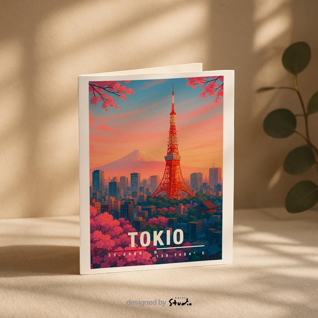 Illustration der Stadt Tokio mit dem roten Tokyo Tower im warmen Sonnenuntergang. Im Hintergrund ist der schneebedeckte Berg Fuji zu sehen. Rosa Kirschblüten umrahmen die Szene, während zahlreiche Hochhäuser eine typische Skyline bilden. Leuchtende Farben, moderner Travel-Poster-Stil, ideal für Japan- und Sakura-Liebhaber.