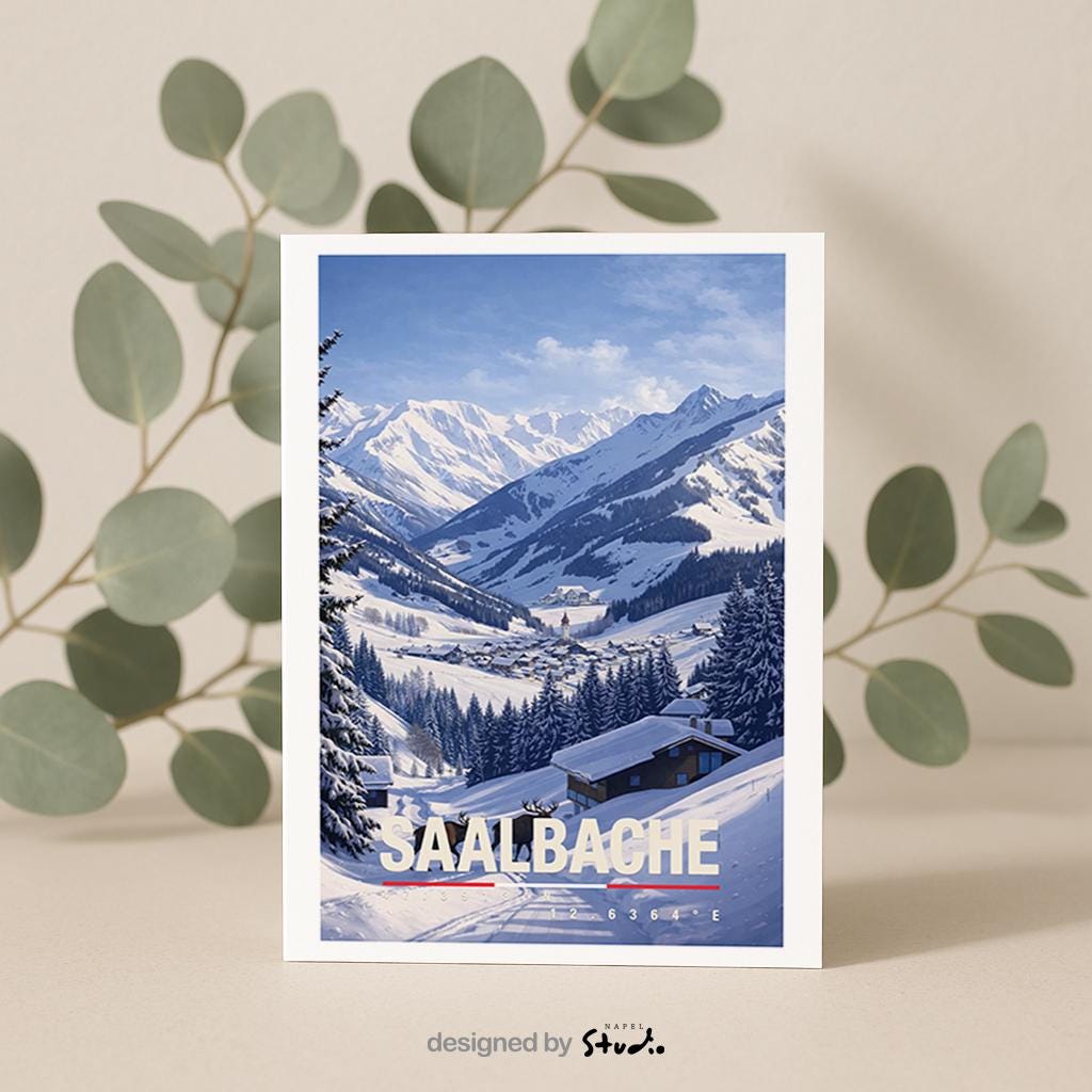 Winterliche Grußkarte mit Saalbach-Motiv in Österreich, zeigt verschneite Alpen, Tannenwälder und ein idyllisches Bergdorf. Die Illustration vermittelt alpine Ruhe, Winterromantik und Bergluft. Ideal als Reise-Grußkarte, Wintergruß oder liebe Nachricht für Skifahrer, Alpenfans, Naturliebhaber und Freunde der Berge.