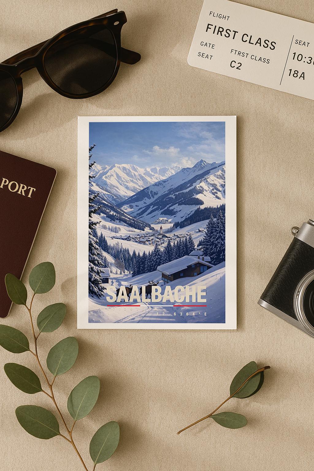 Winterliche Grußkarte mit Saalbach-Motiv in Österreich, zeigt verschneite Alpen, Tannenwälder und ein idyllisches Bergdorf. Die Illustration vermittelt alpine Ruhe, Winterromantik und Bergluft. Ideal als Reise-Grußkarte, Wintergruß oder liebe Nachricht für Skifahrer, Alpenfans, Naturliebhaber und Freunde der Berge.