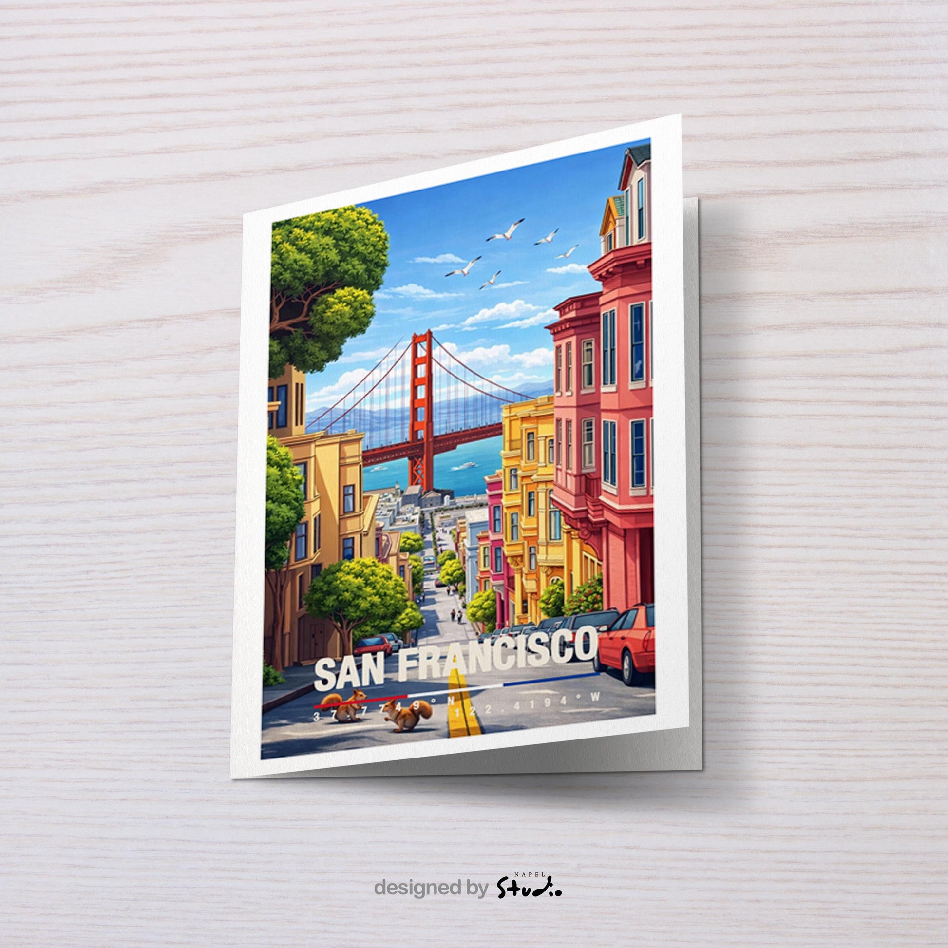 Illustrative Grußkarte mit San-Francisco-Motiv, zeigt die Golden Gate Bridge, bunte Häuser und eine typische steile Straße. Die Szene vermittelt Großstadtflair, Freiheit und Westküsten-Atmosphäre. Perfekt als Reise-Grußkarte, Städtegruß oder liebe Nachricht für USA-Fans und Kalifornien-Liebhaber.