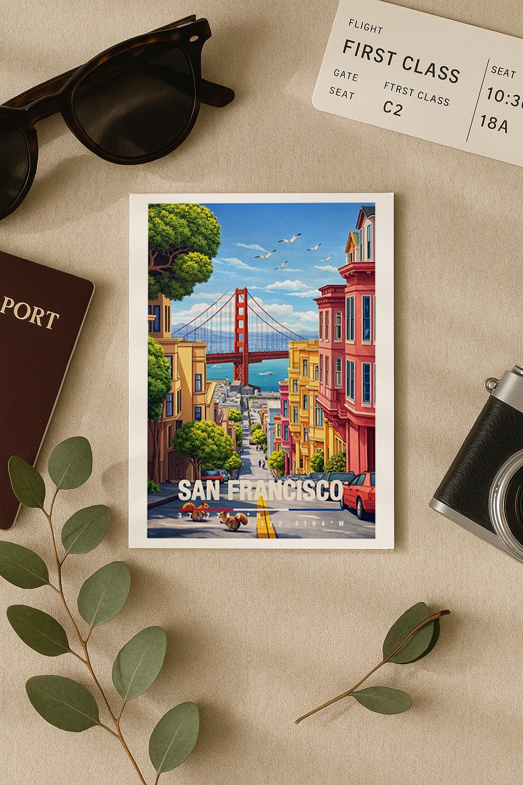 Illustrative Grußkarte mit San-Francisco-Motiv, zeigt die Golden Gate Bridge, bunte Häuser und eine typische steile Straße. Die Szene vermittelt Großstadtflair, Freiheit und Westküsten-Atmosphäre. Perfekt als Reise-Grußkarte, Städtegruß oder liebe Nachricht für USA-Fans und Kalifornien-Liebhaber.