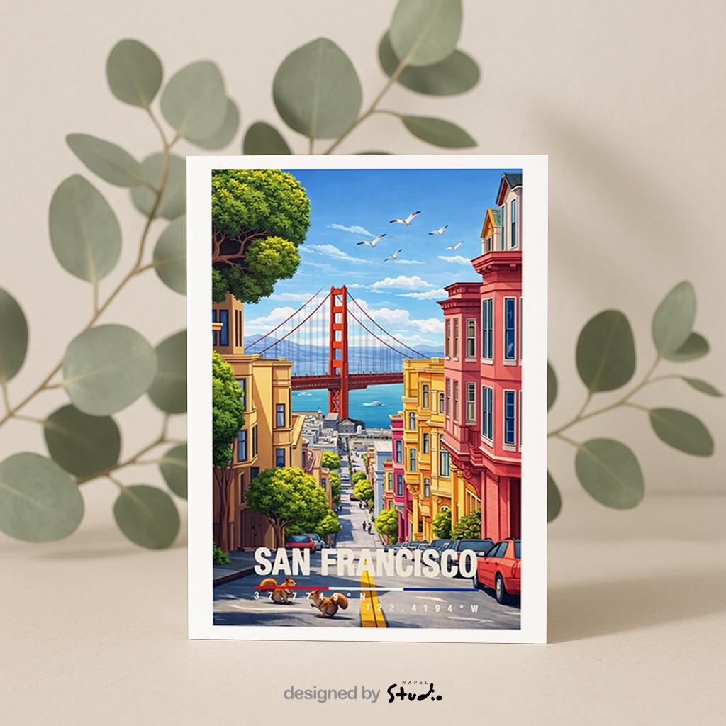 Illustrative Grußkarte mit San-Francisco-Motiv, zeigt die Golden Gate Bridge, bunte Häuser und eine typische steile Straße. Die Szene vermittelt Großstadtflair, Freiheit und Westküsten-Atmosphäre. Perfekt als Reise-Grußkarte, Städtegruß oder liebe Nachricht für USA-Fans und Kalifornien-Liebhaber.