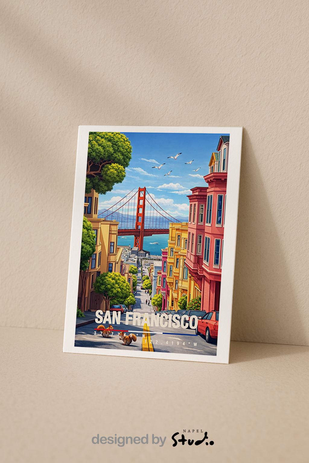Illustrative Grußkarte mit San-Francisco-Motiv, zeigt die Golden Gate Bridge, bunte Häuser und eine typische steile Straße. Die Szene vermittelt Großstadtflair, Freiheit und Westküsten-Atmosphäre. Perfekt als Reise-Grußkarte, Städtegruß oder liebe Nachricht für USA-Fans und Kalifornien-Liebhaber.