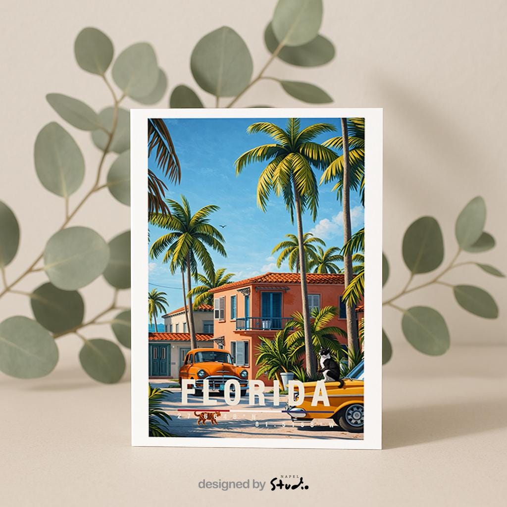 Illustrative Grußkarte mit Florida-Motiv, zeigt tropische Palmen, pastellfarbene Häuser und klassische Retro-Autos unter blauem Himmel. Die Szene vermittelt Sommer, Sonne und entspanntes amerikanisches Urlaubsgefühl. Ideal als Reise-Grußkarte, Urlaubskarte oder liebe Nachricht für Florida-Fans, USA-Reisende, Fernweh-Liebhaber oder als sommerlicher Gruß für Freunde und Familie.
