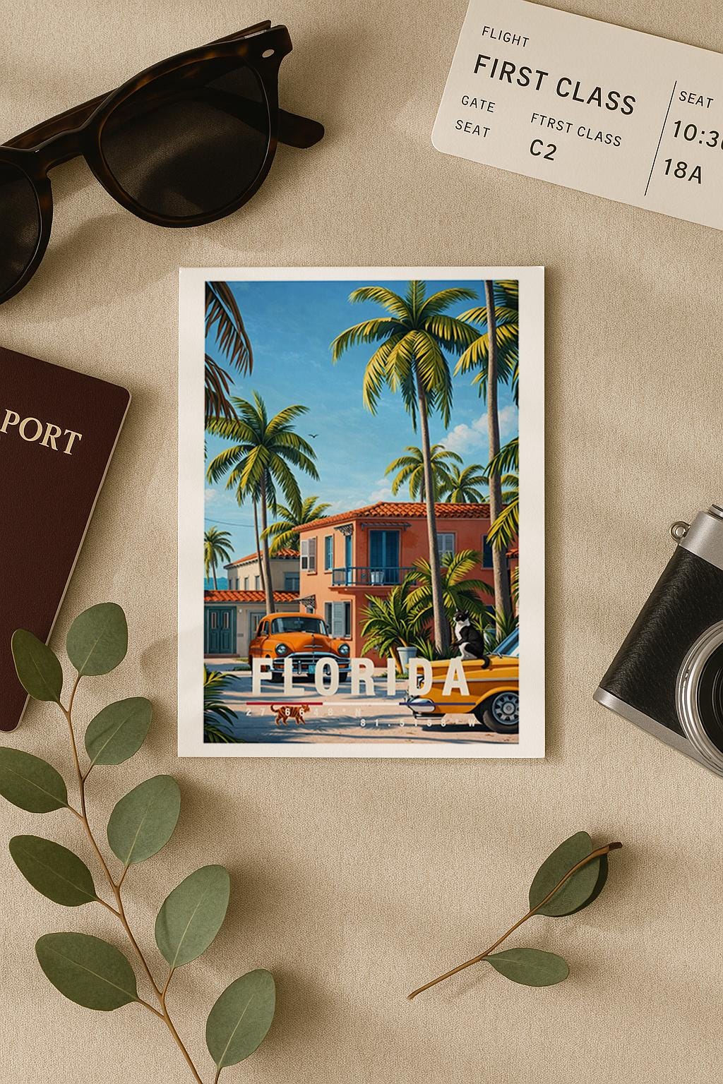Illustrative Grußkarte mit Florida-Motiv, zeigt tropische Palmen, pastellfarbene Häuser und klassische Retro-Autos unter blauem Himmel. Die Szene vermittelt Sommer, Sonne und entspanntes amerikanisches Urlaubsgefühl. Ideal als Reise-Grußkarte, Urlaubskarte oder liebe Nachricht für Florida-Fans, USA-Reisende, Fernweh-Liebhaber oder als sommerlicher Gruß für Freunde und Familie.