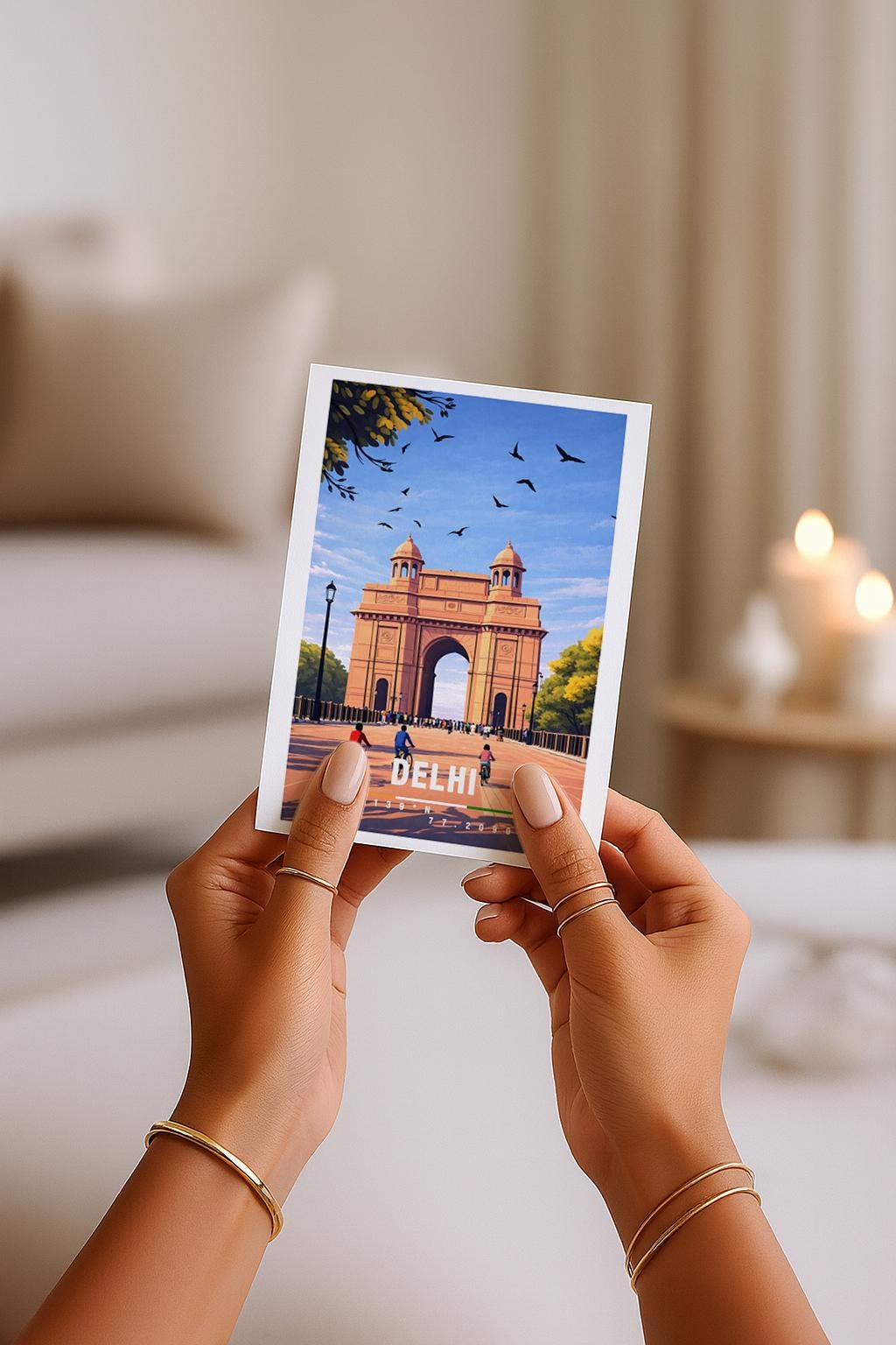 Illustrative Grußkarte mit Delhi-Motiv, zeigt das India Gate, offene Plätze und Vögel am Himmel. Die Szene vermittelt Geschichte, Kultur und Weite. Perfekt als Reise-Grußkarte, kultureller Urlaubsgruß oder liebe Nachricht für Indien-Fans, Reisende und Architektur-Liebhaber.