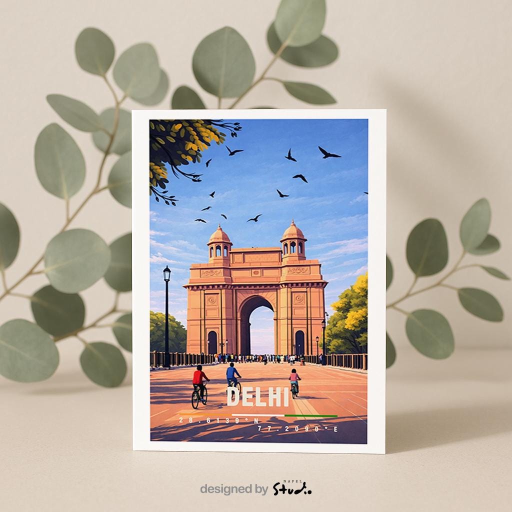Illustrative Grußkarte mit Delhi-Motiv, zeigt das India Gate, offene Plätze und Vögel am Himmel. Die Szene vermittelt Geschichte, Kultur und Weite. Perfekt als Reise-Grußkarte, kultureller Urlaubsgruß oder liebe Nachricht für Indien-Fans, Reisende und Architektur-Liebhaber.