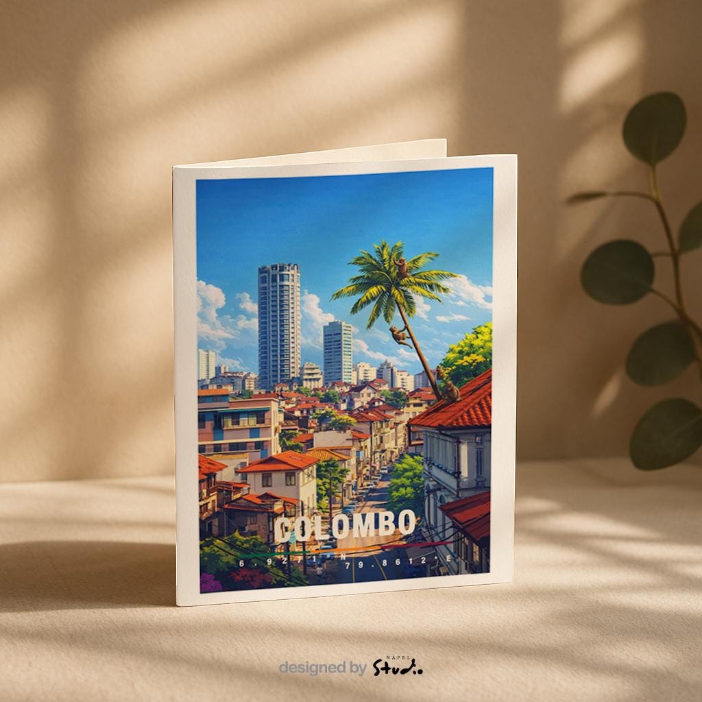 Tropische Grußkarte mit Colombo-Motiv in Sri Lanka, zeigt Palmen, Stadtgebäude und sonniges Himmelspanorama. Die Illustration verbindet urbanes Leben mit tropischem Flair. Ideal als Reise-Grußkarte, Urlaubsgruß oder liebe Nachricht für Asien-Fans, Weltenbummler und Fernweh-Liebhaber.